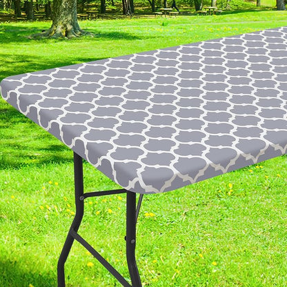 Smiry Picnic Fitted Table Cover, 8 Foot Flannel Backed Vinyl Tablecloth | Waterproof Elastic Stretch Table Cloth, Wipeable Plastic Tablecloth for Camping, Indoor & Outdoor (Grey, 30" x 96")