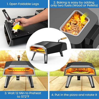 ECOWELL 12" Pizza Oven Outdoor Wood Fired, Outside Pellet Pizza Oven | with Pizza Stone/Peel/Cutter, Infrared Thermometer and Portable Cover, Black