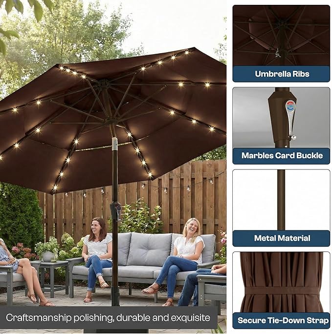 10FT Patio Umbrella 3 Tiers with LED Light Outdoor Market Umbrella w/Push Button Tilt, Crank, UV and Waterproof Table Umbrella for Garden, Pool, Backyard, Deck, Lawn, Brown