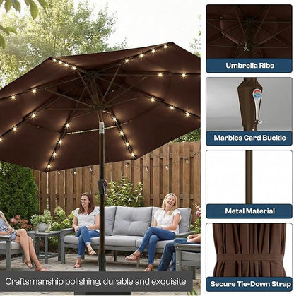 10FT Patio Umbrella 3 Tiers with LED Light Outdoor Market Umbrella w/Push Button Tilt, Crank, UV and Waterproof Table Umbrella for Garden, Pool, Backyard, Deck, Lawn, Brown