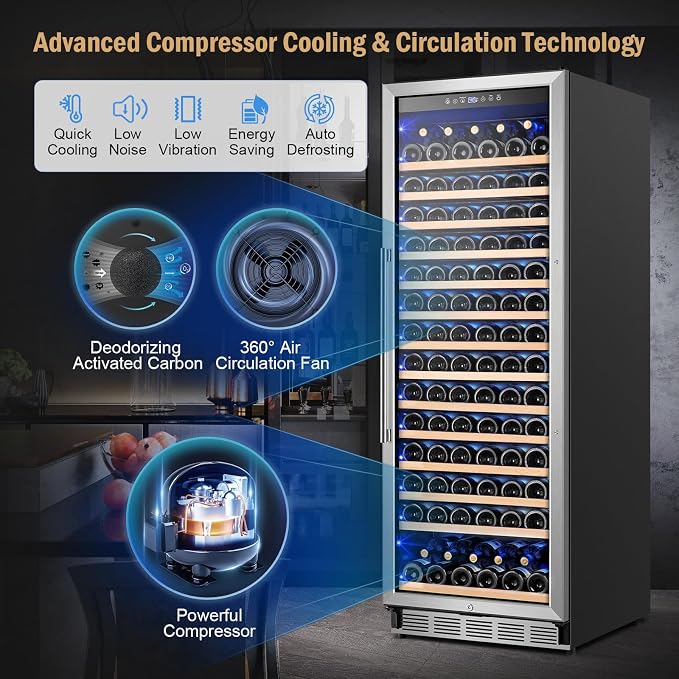 24" 173-Bottle Freestanding Wine Cooler, Low Noise with Sliding Shelves | Tall design, Compressor fast cooling, Low noise, Reversible door, Digital temp display, Black finish, Home or commercial use