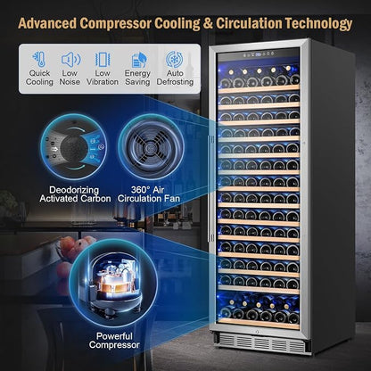 24" 173-Bottle Freestanding Wine Cooler, Low Noise with Sliding Shelves | Tall design, Compressor fast cooling, Low noise, Reversible door, Digital temp display, Black finish, Home or commercial use