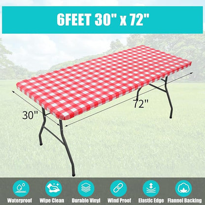 Smiry Rectangle Picnic Table Cloth, Elastic Waterproof Fitted Vinyl Tablecloths, Flannel Backed Buffalo Plaid Table Covers for Dining, Camping, Outdoor (White and Red, 30" x 72")