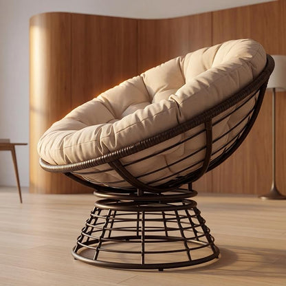 Cushion Papasan Swivel Chair, Ergonomic Wicker Round Chair with Thick Padding, Oversized Swivel Wicker Accent Chairs for Living Room, Bedroom, Reading Room, Balcony, Brown Frame, Beige