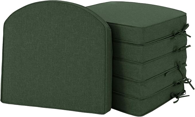 Outdoor Chair Cushions D Shaped, Set of 6, 17 x 16 in, Olive Green | Water Resistant, Fade Resistant, Patio Furniture Seat Chair Pads Replacement with Ties, Non-Slip Bottom, Removable Cover