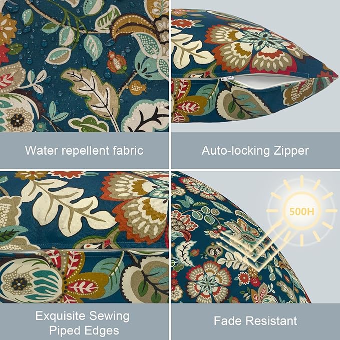 LVTXIII Outdoor Lumbar Pillow Covers Only Set of 2 Patio Decorative Pillow Cases, Water Repellent Lumbar Cushion Cases for Sofa, Patio Couch Garden Use, 12x20 Inch, Peacock Blue