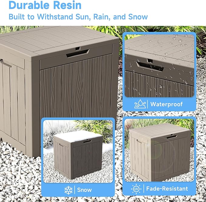 Pepe Tee Waterproof Resin Deck Box, Outdoor Storage Bin with Slatted Texture, All-Weather Patio Side Table & Garden Organizer, Coffee
