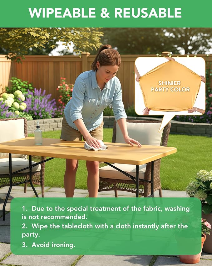 Fitted Tablecloth Rectangle Table Cloths with Elastic, 6 ft, Gold, 6 Pack | For Outdoor Picnic Camping Party 6 foot Folding Spandex Table Covers, Water-Resistant, Windproof, Reusable, 72"L x 30"W