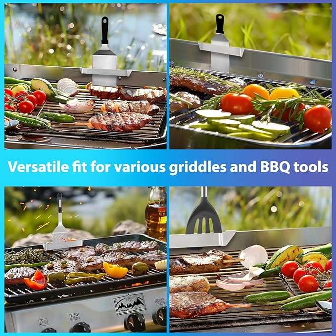 Belle&Beau 6.3 Inch Griddle Spatula Holder, 2 Pack Stainless Steel Grill Barbecue Tool Rack with 3 Magnetic Hooks, Griddle Accessories for Blackstone Flat Top Griddle and Other Grill Griddles