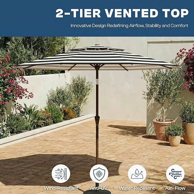 Patio Umbrella, 2 Tier Outdoor Table Umbrella, Large Vented Market Umbrellas with Push Button Tilt and Crank, 8 Sturdy Ribs for Backyard, Deck, Pool, UPF50+ UV Protection