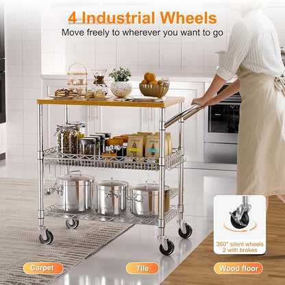 NTE Rolling Kitchen Carts on Wheels, 650Lbs Capacity 3 Tier Utility Cart with Wood Tabletop, Kitchen Storage Cart with 8 Hooks, Metal Serving Cart with Handle and Shelf Liners for Kitchen, Restaurant