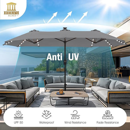 HERA'S PALACE 13 ft Patio Umbrella with 120 LED Solar Lights Double Sided Outdoor Umbrella for Patio 8 Colors Changing Table Umbrella for Garden Pool, Smoky Gray