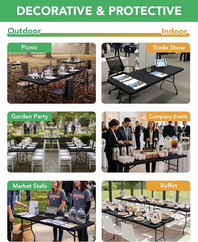 Fitted Tablecloth Rectangle Table Cloths with Elastic, 8 ft, Black, 8 Pack | For Outdoor Picnic Camping Party 8 foot Folding Spandex Table Covers, Water-Resistant, Windproof, Reusable, 96"L x 30"W