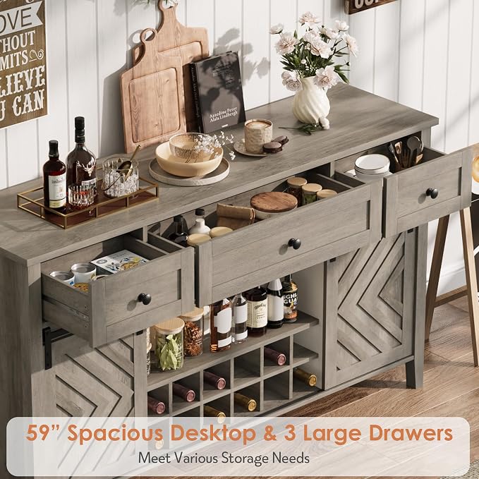 CABIHOME Farmhouse 47.2'' Buffet Cabinet with Sliding Barn Door, 33.4'' Tall Wood Rustic Sideboard with 3 Drawer, Adjustable Shelf and Removable Wine Rack (Vintage, 59'')