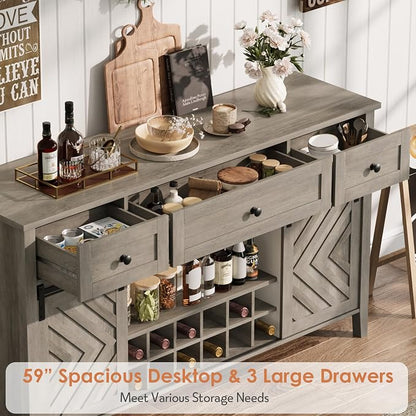 CABIHOME Farmhouse 47.2'' Buffet Cabinet with Sliding Barn Door, 33.4'' Tall Wood Rustic Sideboard with 3 Drawer, Adjustable Shelf and Removable Wine Rack (Vintage, 59'')