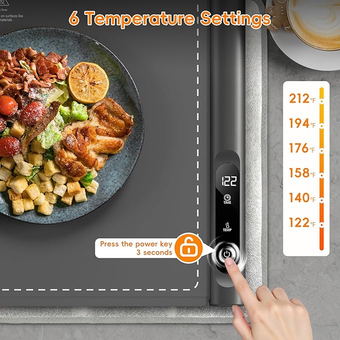Newise Warming Mat for Food - Graphene Rapid Heating Food Warmers for Countertop, Portable Electric Warming Tray with 6 Temperature Levels, Kitchen Practical Gifts for Mom Wife, Gray