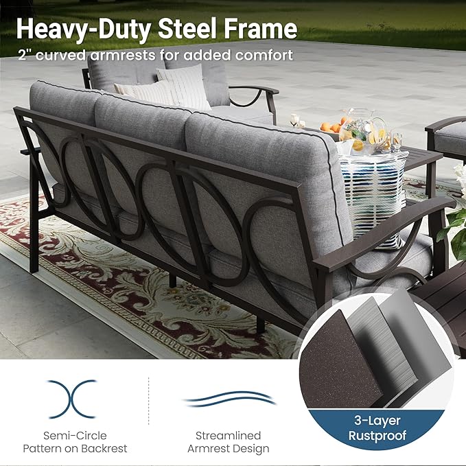 RoyalCraft Outdoor Patio Furniture Set, 7 Seats Outdoor Patio Set with 4" Thick Cushion, All-Weather Metal Patio Sofa with Coffee Table, Outdoor Sectional Furniture for Backyard Porch, Khaki&Grey