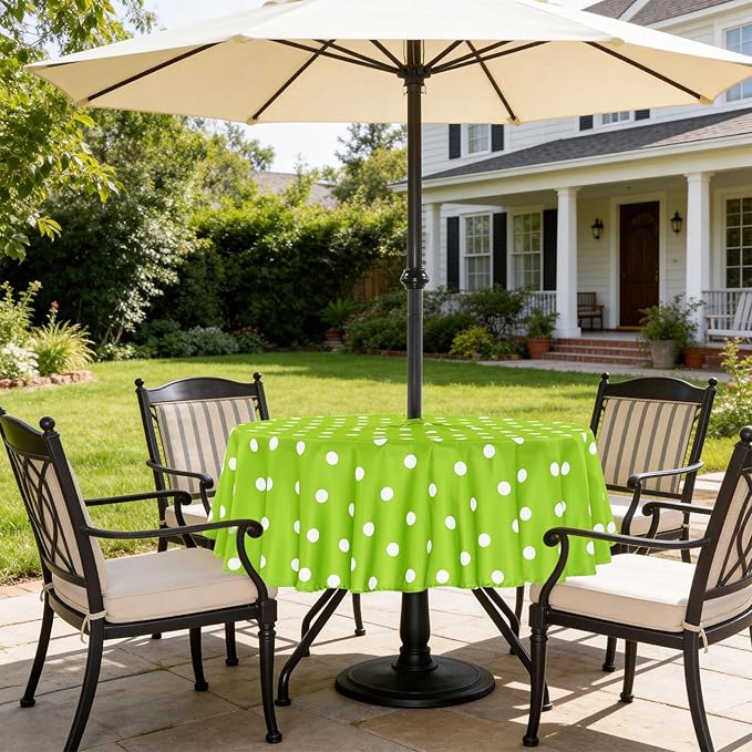 Poise3EHome 60 inches Outdoor/Indoor Waterproof Spillproof Round Tablecloth with Umbrella Hole Zipper for Camping Picnic Party Patio Table Spring, Green Polka Dot