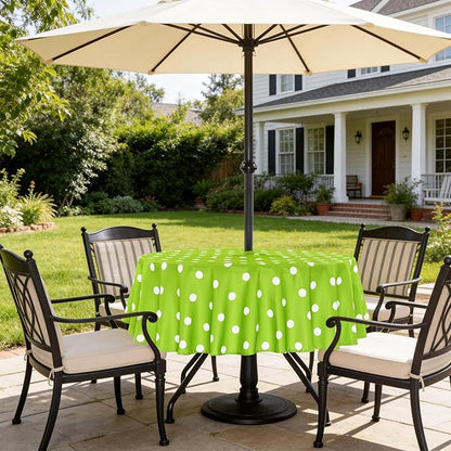 Poise3EHome 60 inches Outdoor/Indoor Waterproof Spillproof Round Tablecloth with Umbrella Hole Zipper for Camping Picnic Party Patio Table Spring, Green Polka Dot