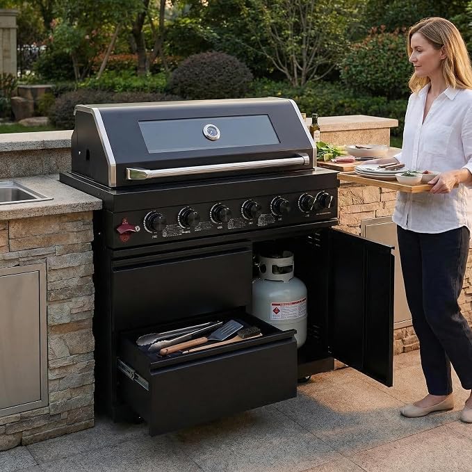 43 Inch Outdoor Kitchen Island, 6-Burner Propane Stainless Steel BBQ with Rear Burners, For Backyard BBQ, Black