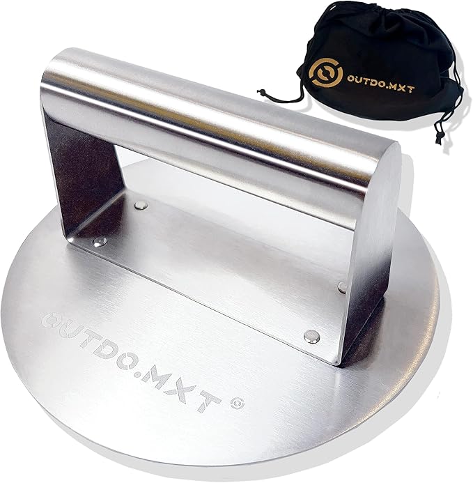 Stainless Steel 6.2" Smash Burger Press, Burger Smasher with Velvet Fabric Storage Bag for Griddle,Grill Press for Hamburger, Bacon, Steak,Meat, Barbecue Grilling Tool,Gift Package