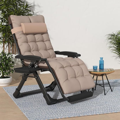 Slendor Oversized Zero Gravity Chairs XL, 29in Padded Recliner Chair, Beige | Reclining Lounge Chair, Folding Anti Gravity Chairs w/Aluminum Alloy Lock,Headrest,Cup Holder, Support 440lbs,for Lawn Patio