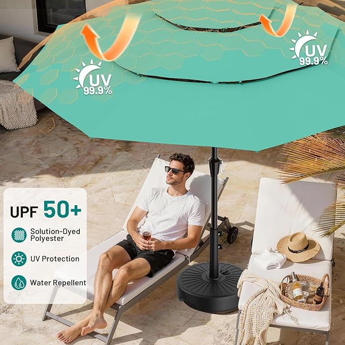 AreShark 9ft 3-Tier Patio Umbrellas, Outdoor Umbrella with 8 Sturdy Ribs UV Protection Windproof, Market Table Umbrella w/Push Button Tilt & Crank for Pool, Porch, Deck, Garden(Turquoise)