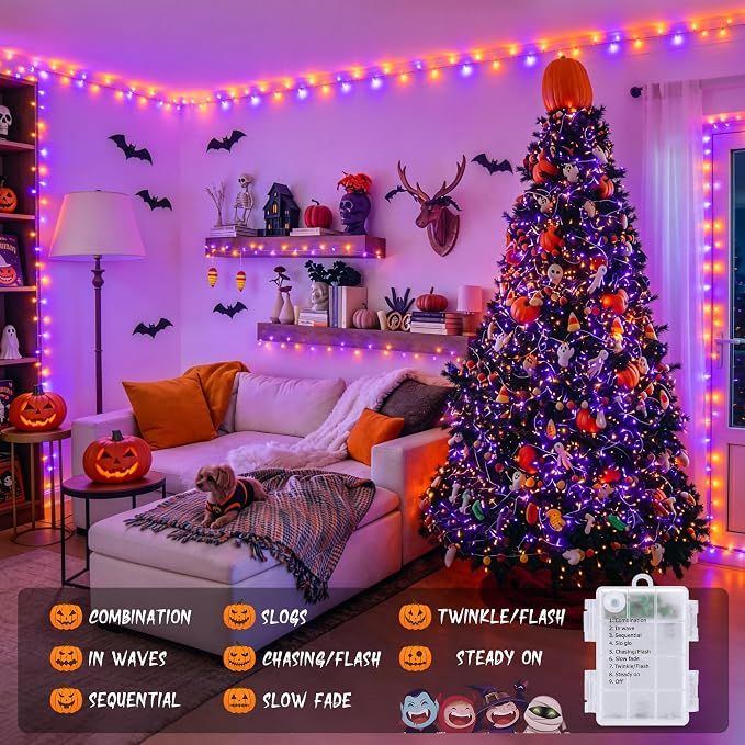 JMEXSUSS 33FT 100 LED Orange and Purple Halloween Lights | Battery Operated Halloween Lights with Remote, 8 Modes String Lights Indoor Outdoor for Room House Porch Tree Yard