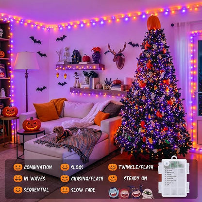 JMEXSUSS 33FT 100 LED Orange and Purple Halloween Lights | Battery Operated Halloween Lights with Remote, 8 Modes String Lights Indoor Outdoor for Room House Porch Tree Yard