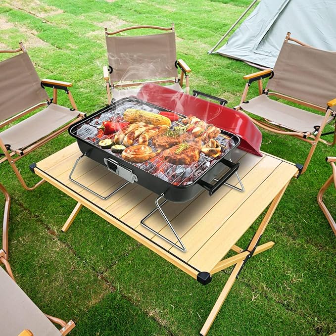 Portable Charcoal BBQ Grill, Foldable BBQ Grill with Grill Net & Lid, Easy Setup Barbecue Grill for Camping Picnic Outdoor Party Backyard (19.7x10.63x11.8in)