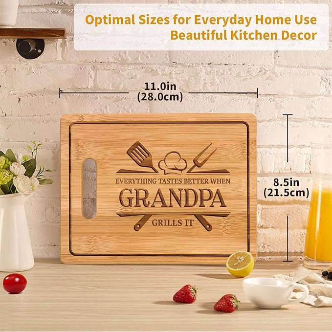 Fathers Day Grandpa Gifts, 11x8.5inch Engraved Bamboo Cutting Board, Best Christmas Birthday Gifts for Grandpa, Grandfather Present from Grandkids Grandchildren