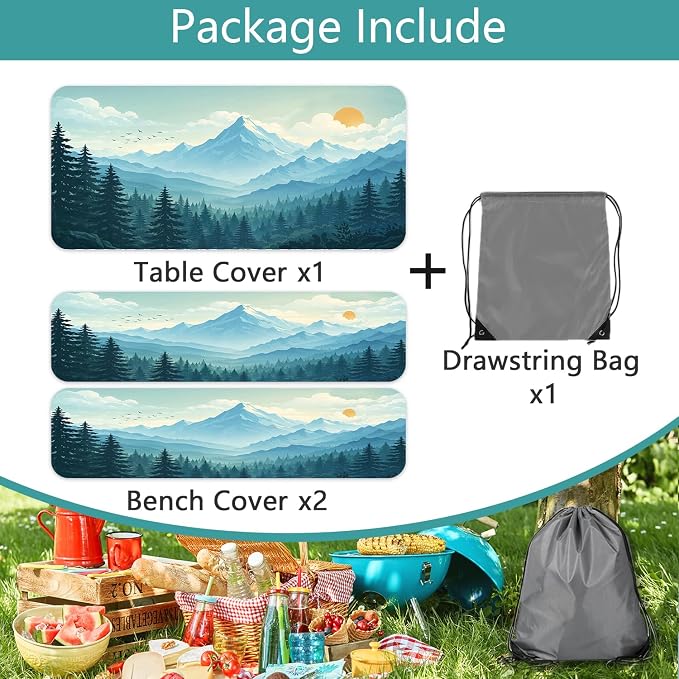 Picnic Table Cover with Bench Covers and Bag, Forest Mountain Sunset Camping Tablecloth, Waterproof Windproof Oilproof Elastic Edges Fitted Tables Cover for Indoor Outdoor 3PCS 30x96 Inch (Green)