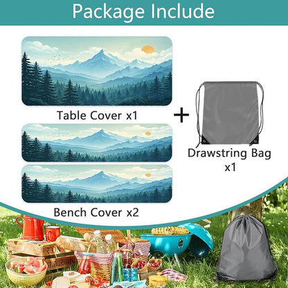 Picnic Table Cover with Bench Covers and Bag, Forest Mountain Sunset Camping Tablecloth, Waterproof Windproof Oilproof Elastic Edges Fitted Tables Cover for Indoor Outdoor 3PCS 30x96 Inch (Green)