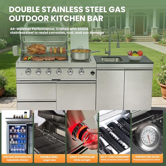 79" Modular Outdoor Kitchen with 4 Burners 72,000 BTU Natural Gas Grill,Rotisserie Oven,Side Burner,Sink & Marble Countertop.Gas Grill for Backyard and Patio.(Natural Gas)