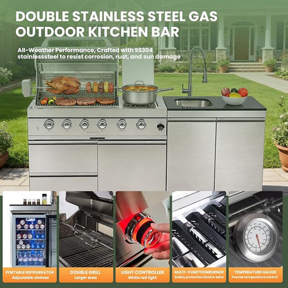 79" Modular Outdoor Kitchen with 4 Burners 72,000 BTU Natural Gas Grill,Rotisserie Oven,Side Burner,Sink & Marble Countertop.Gas Grill for Backyard and Patio.(Natural Gas)