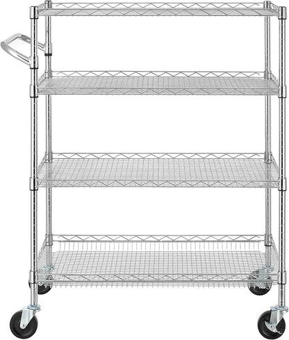 Finnhomy 4 Tier Heavy Duty Commercial Grade Rolling Cart with Handle Bar, Metal Wire Utility Cart with Wheels, Kitchen Service Trolley on Wheels, Shelf Size 18" D x 36" W, NSF, Chrome
