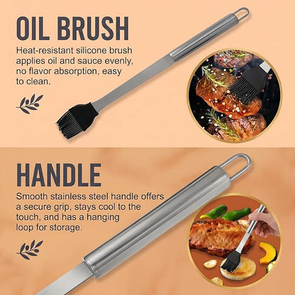 9-Piece Stainless Steel BBQ Tool Set with Carry Bag, Grill Utensils Kit with Spatula, Fork, Tongs, Knife, Skewers, Oil Brush for Outdoor Grill, Camping, Tailgating, Cookouts, BBQ Gifts