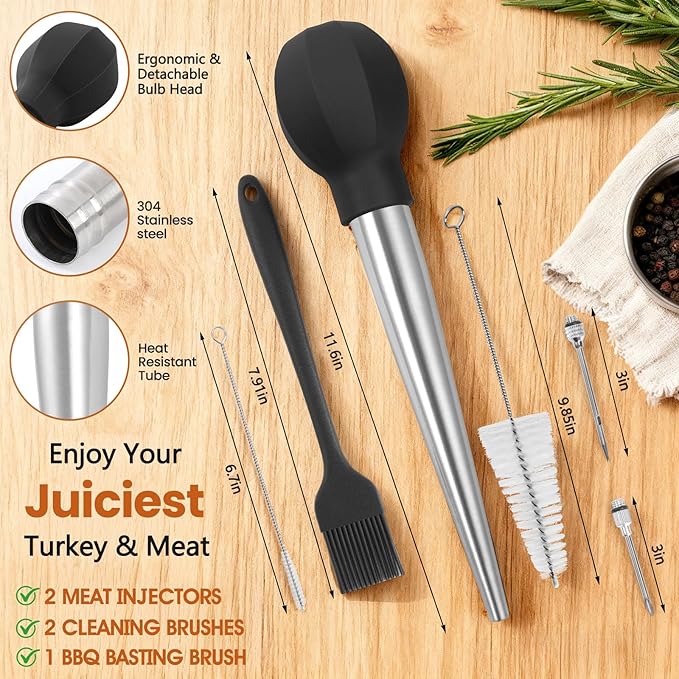 SCHVUBENR Large Turkey Baster Set - Stainless Steel Baster Tool for Cooking - Includes Basting Brush, Cleaning Brush & Injector Needles - Heavy Duty Baster Syringe - Thanksgiving, Christmas Essentials