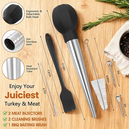 SCHVUBENR Large Turkey Baster Set - Stainless Steel Baster Tool for Cooking - Includes Basting Brush, Cleaning Brush & Injector Needles - Heavy Duty Baster Syringe - Thanksgiving, Christmas Essentials