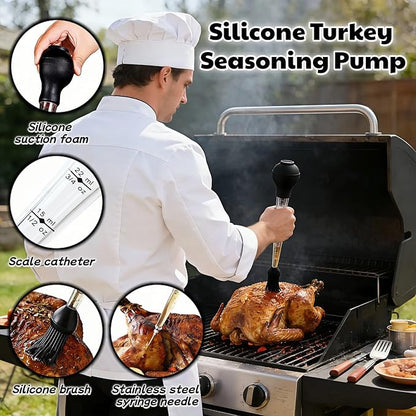 Turkey Baster with Cleaning Brush, Meat Injector Syringe with Detachable Silicone Bulb, 304 Stainless Steel Needle and Basting Brush for Roasting Chicken, 22ml Capacity (Black)