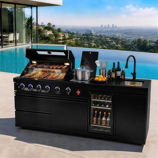 84.7" 4-Burner Modular Outdoor Kitchen Island, 72000 BTU Propane Gas Grill | 4 Burners & Side Stove, Rear Infrared, Marble Countertop, Fridge, 360° Pull-Out Faucet, Sink, Warming Rack, Storage Cabinet