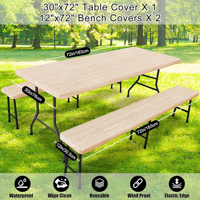 Smiry Picnic Table Cover with Bench Covers, Waterproof Elastic Fitted Tablecloth for 6 Foot Tables, Washable Polyester Tablecloths for Camping, Indoor & Outdoor (Ivory, 30x72 Inch 3-pc Set)