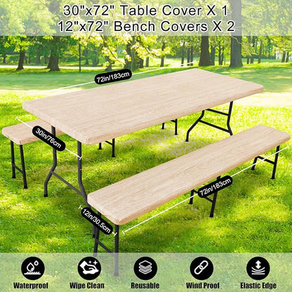 Smiry Picnic Table Cover with Bench Covers, Waterproof Elastic Fitted Tablecloth for 6 Foot Tables, Washable Polyester Tablecloths for Camping, Indoor & Outdoor (Ivory, 30x72 Inch 3-pc Set)