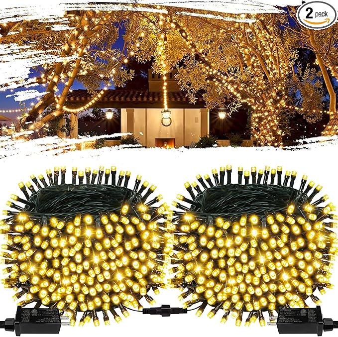 2-Pack Total 164FT 400LED Connectable Christmas Lights Outdoor, Christmas String Lights Waterproof with 8 Modes & Timer, Green Wire Twinkle Lights for Xmas Tree Decorations Outdoor Indoor, Warm White