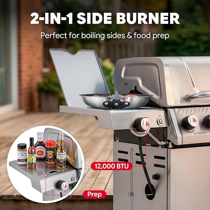 Feasto 4-Burner Propane Gas Grill w/Sear & Side Burner, Stainless Steel Construction w/Porcelain-Enameled Main Body, 49,500 BTU Outdoor BBQ Grill, 563 Sq. In. Cooking Area, Cabinet Storage, Silver