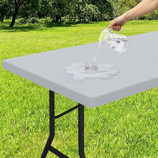 Smiry Rectangle Tablecloth, Elastic Fitted Flannel Backed Vinyl Tablecloths for 4ft Folding Tables, Waterproof Wipeable Table Covers for Indoor, Outdoor, Picnic and Camping (Light Grey, 30"x48")