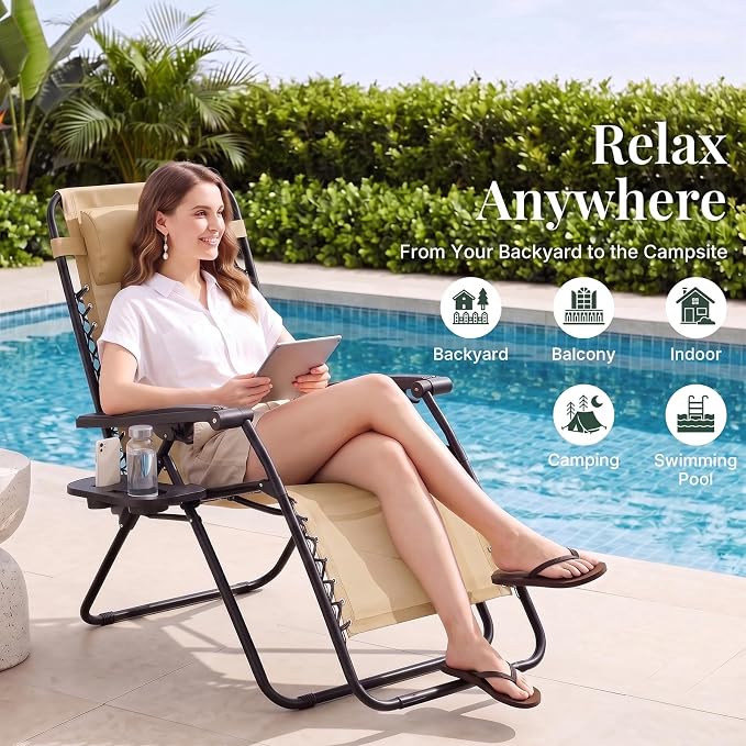 Zero Gravity Chairs Set of 4, Outdoor Folding Lounge Chairs | Foldable Reclining Patio Lawn Chairs with Mesh Back, Adjustable Pillows and Cup Holder Trays, for Pool, Beach, Backyard