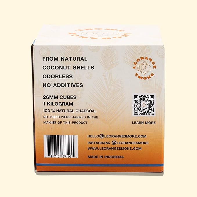 LeOrange Premium Coconut Hookah Charcoal (1KG, 26mm) – 100% Natural Coconut Shell, No Additives or Fillers, Odorless & Long Burn Time Coals for Hookah