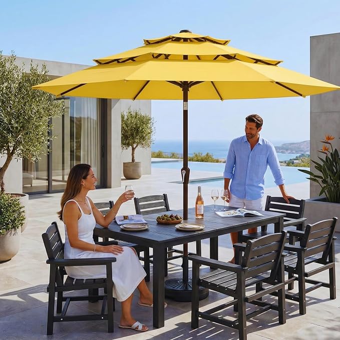 10ft 3 Tier Patio Umbrella, Outdoor Market Table Umbrella with UPF 50+ Vented Canopy, 8 Sturdy Ribs, Easy Push Button Tilt and Crank, Windproof for Deck, Pool, Backyard and Garden