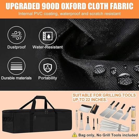 Grill Tool Storage Bag, Outdoor BBQ Utensil Storage with Pockets for BBQ Tools up to 22", Large Grilling Utensil Holder Storage Caddy, Barbecue Tool Sets Case for Camping Picnic,Bag Only,Black